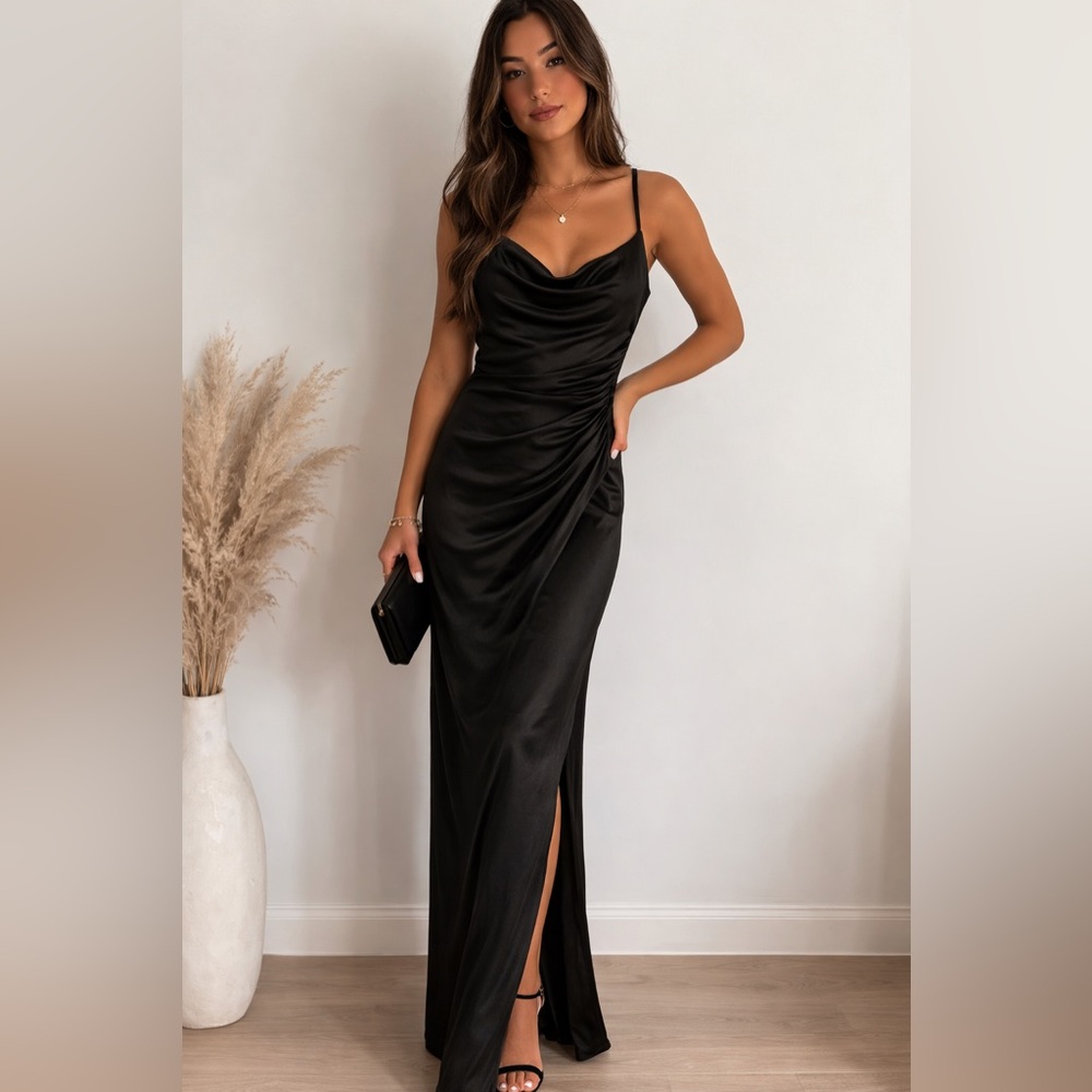 NWT Emerald Sundae Black Satin CowlNeck Maxi Dress Juniors L  Prom FormalEvening